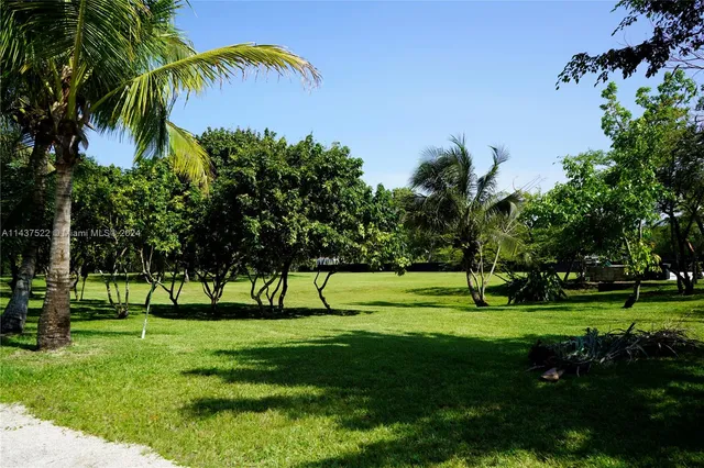 a view of grassy field with benches and trees