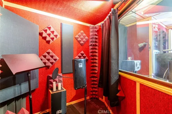 an outdoor space with seating area