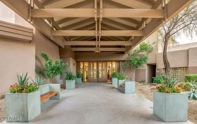 a living room with furniture and potted plants