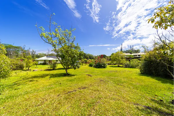 a view of a backyard with swimming pool