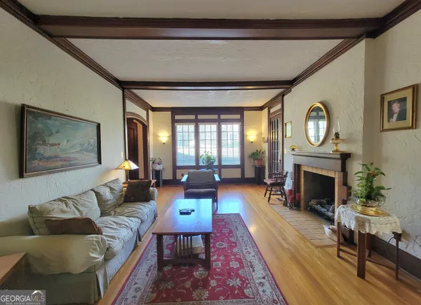 a living room with furniture a fireplace and a potted plant