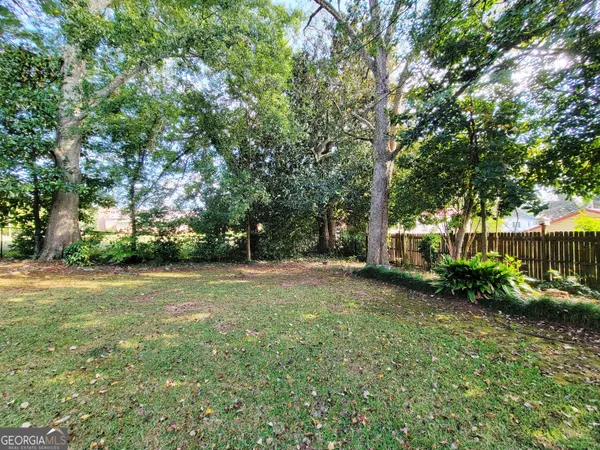 a view of a yard with plants and trees