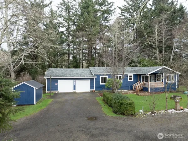 front view of a house with a patio