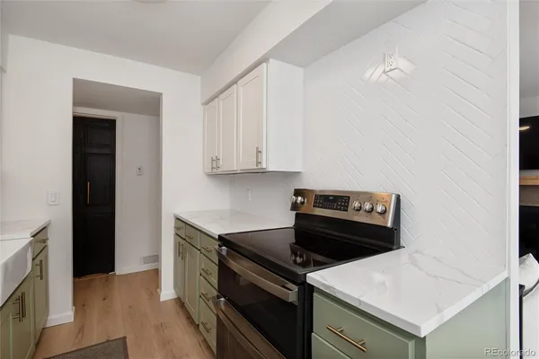a kitchen that has a stove and a microwave