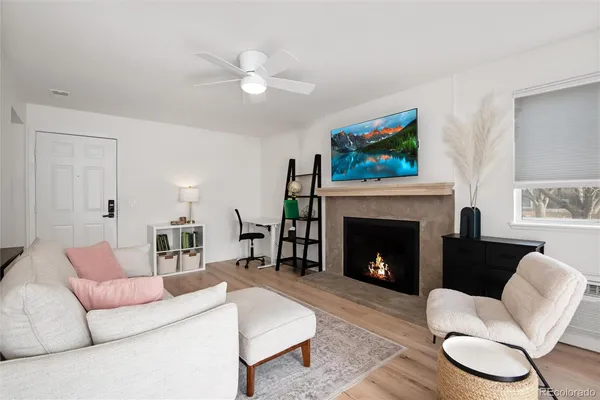 a living room with furniture and a fireplace