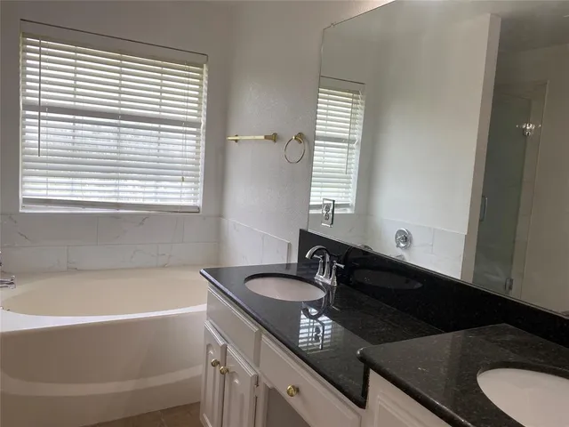 a bathroom with a granite countertop sink and a bathtub