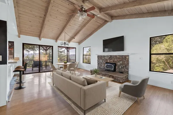 a living room with furniture a flat screen tv and a fireplace