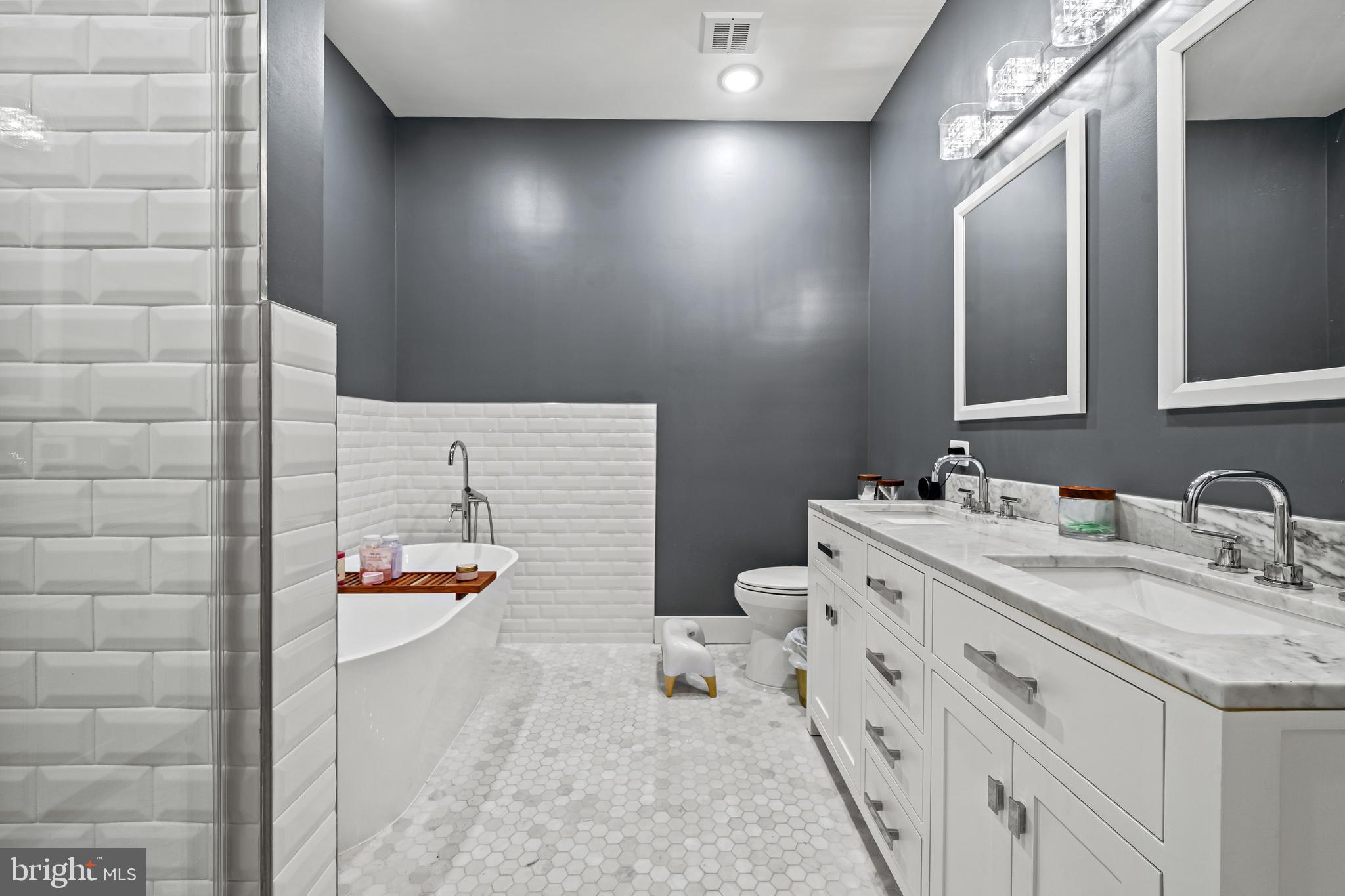 1223 Meigs Place Northeast, Unit 101 Washington, DC 20002 - Photo 17 of 22 a bathroom with a double vanity sink mirror and shower