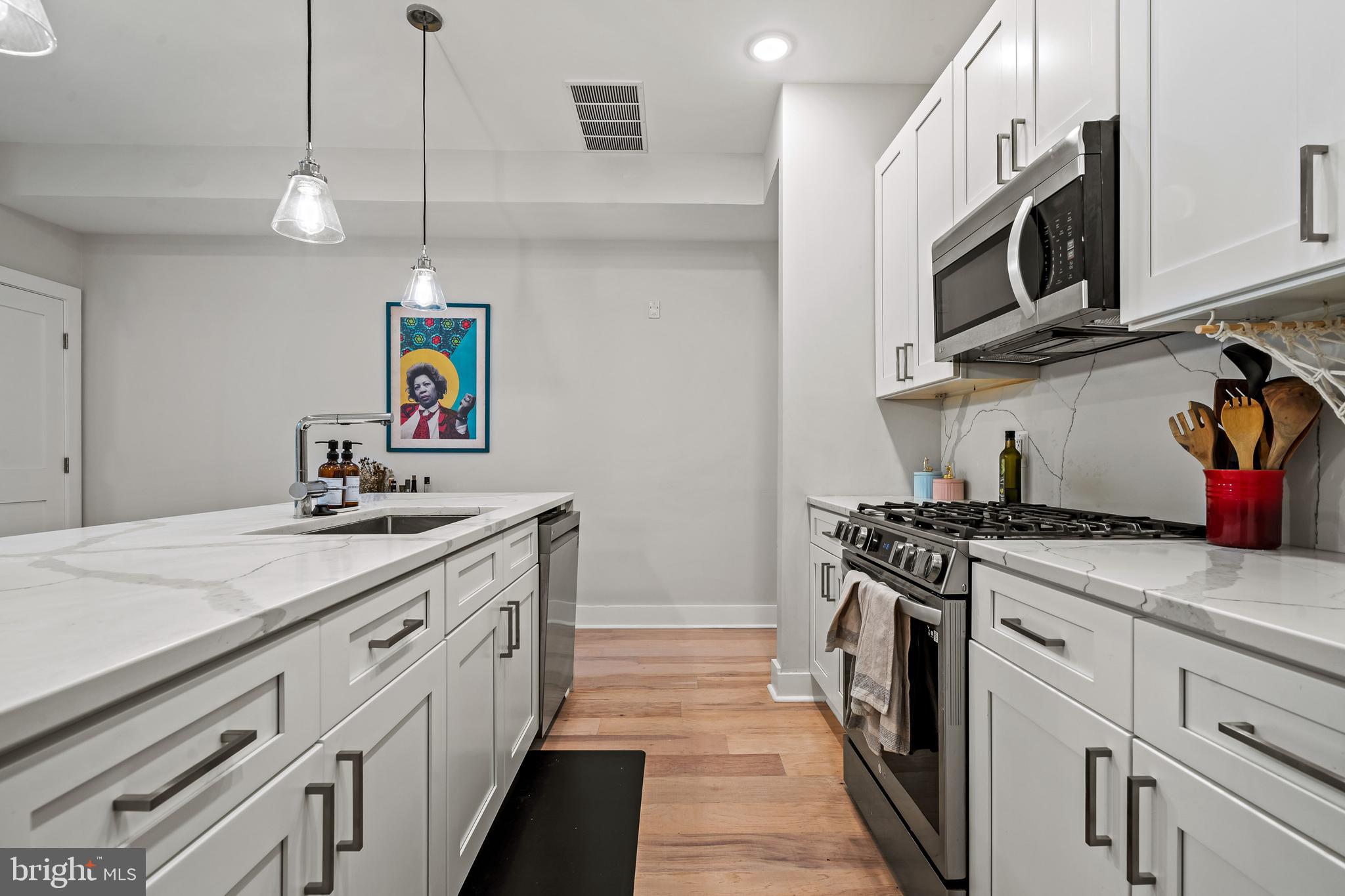 1223 Meigs Place Northeast, Unit 101 Washington, DC 20002 - Photo 8 of 22 a kitchen with stainless steel appliances granite countertop a sink a stove and a wooden floors