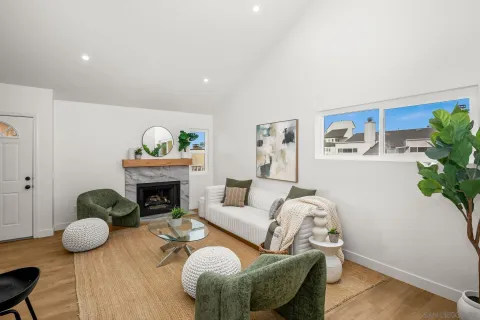 a living room with furniture and a potted plant