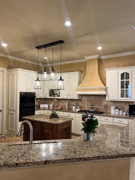 1625 Roma Lane Allen, TX 75013 - Photo 6 of 10 Well-appointed kitchen featuring granite countertops, white cabinetry, a built-in double oven, and a central island with an undermount sink