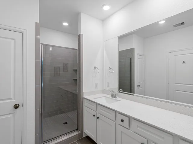 a bathroom with a shower sink and mirror