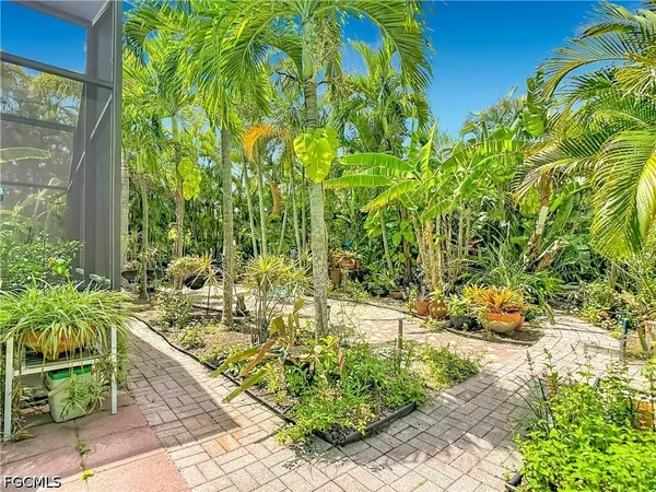 a view of a bench in the garden
