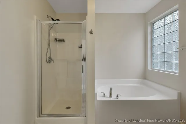 a bathroom with a bathtub and a shower