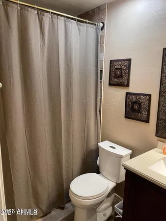 a white toilet sitting next to a shower curtain