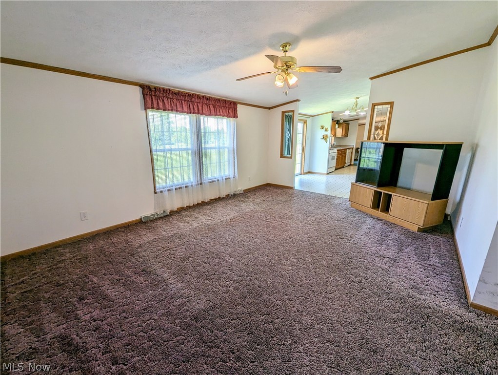 9889 Griffith Road Ravenna, OH 44266 - Photo 42 of 49 Unfurnished living room featuring carpet, ceiling fan, and crown molding