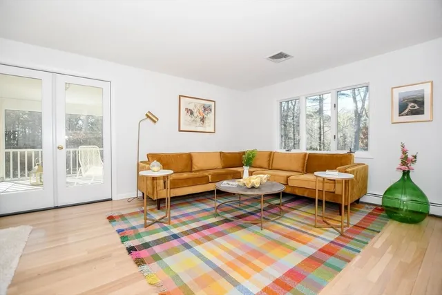 a living room with furniture and a rug