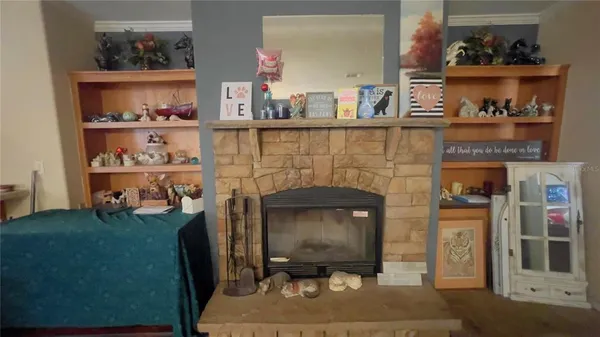 a living room with a fireplace furniture and a book shelf