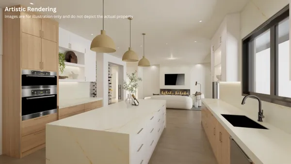 a large white kitchen with a large window a sink and stainless steel appliances