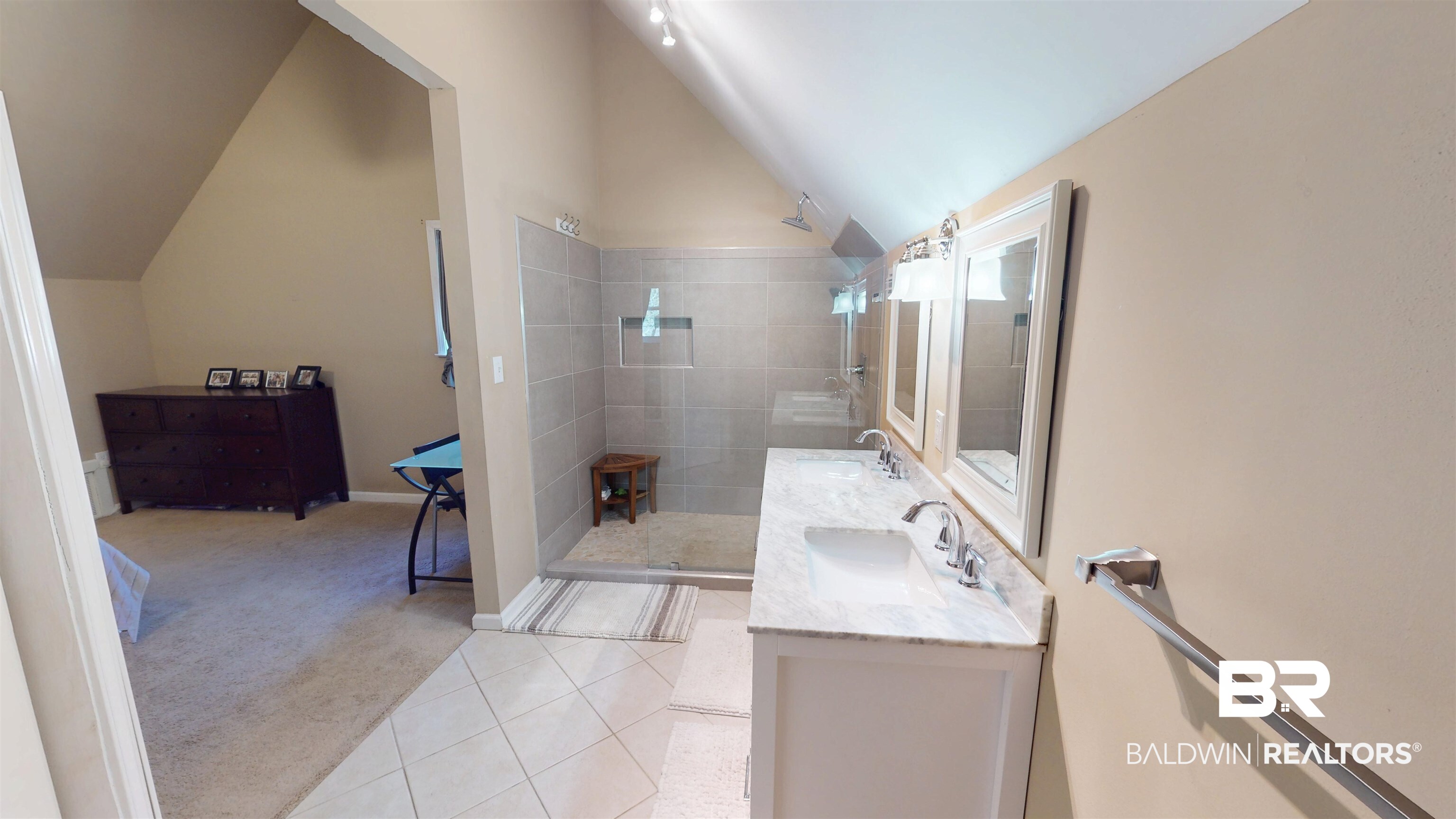 1154 New St Francis Street Mobile, AL 36604 - Photo 35 of 37 Full bathroom with tile patterned flooring, a walk in shower, lofted ceiling, and a sink