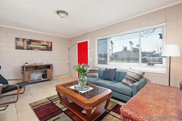 a living room with furniture a rug and a window