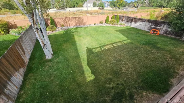 a view of a garden with lawn chairs