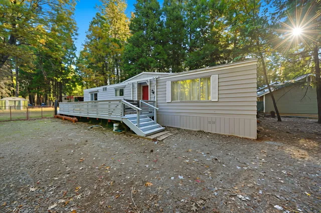 a view of a wooden house with a yard and large trees