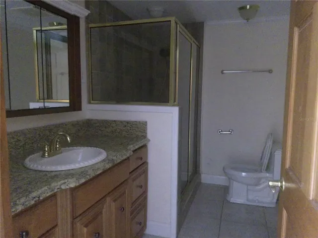 a bathroom with a granite countertop sink and a toilet
