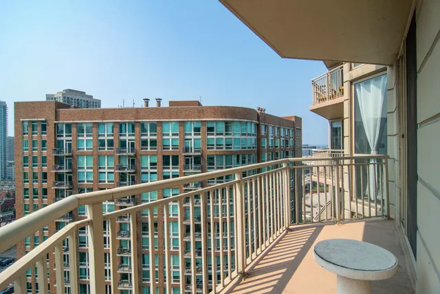 a view of a building from a balcony