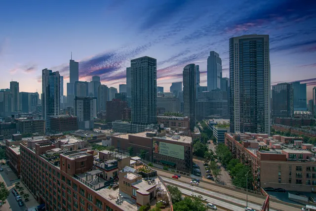 a city view with tall buildings