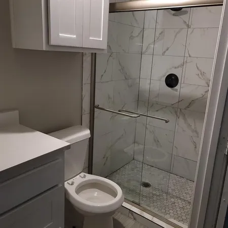 a bathroom with a toilet and a shower