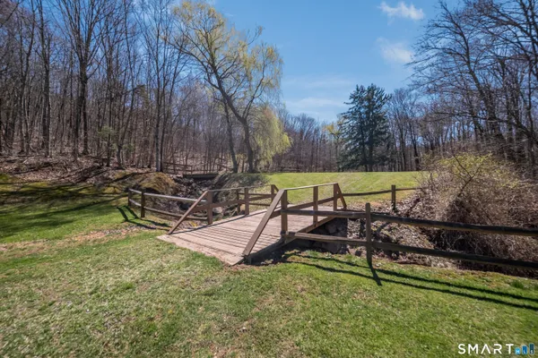 a view of a backyard with large trees