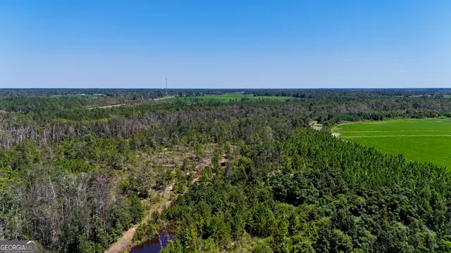 a view of a field with a building in the background