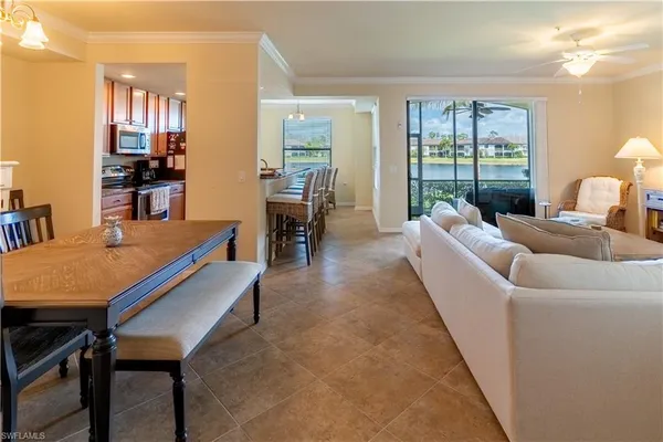 a living room with furniture and a table