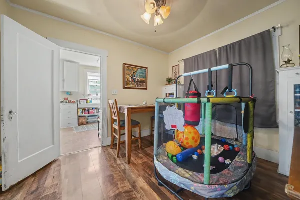 a view of a building with sitting area