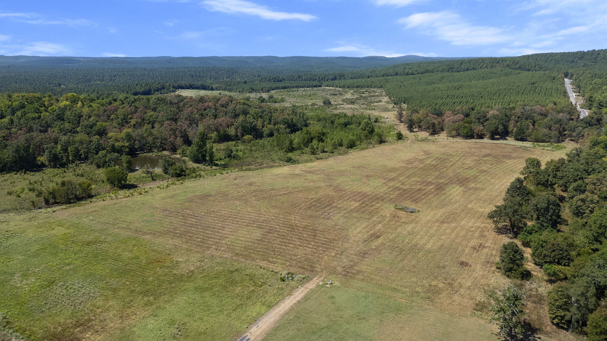 0 Rutty Pne Ridge Broken Bow, OK 74728 - Photo 2 of 22 Expansive land featuring cleared fields, wooded areas, and a natural pond