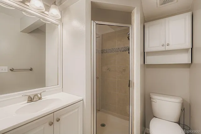 a bathroom with a toilet sink vanity and shower
