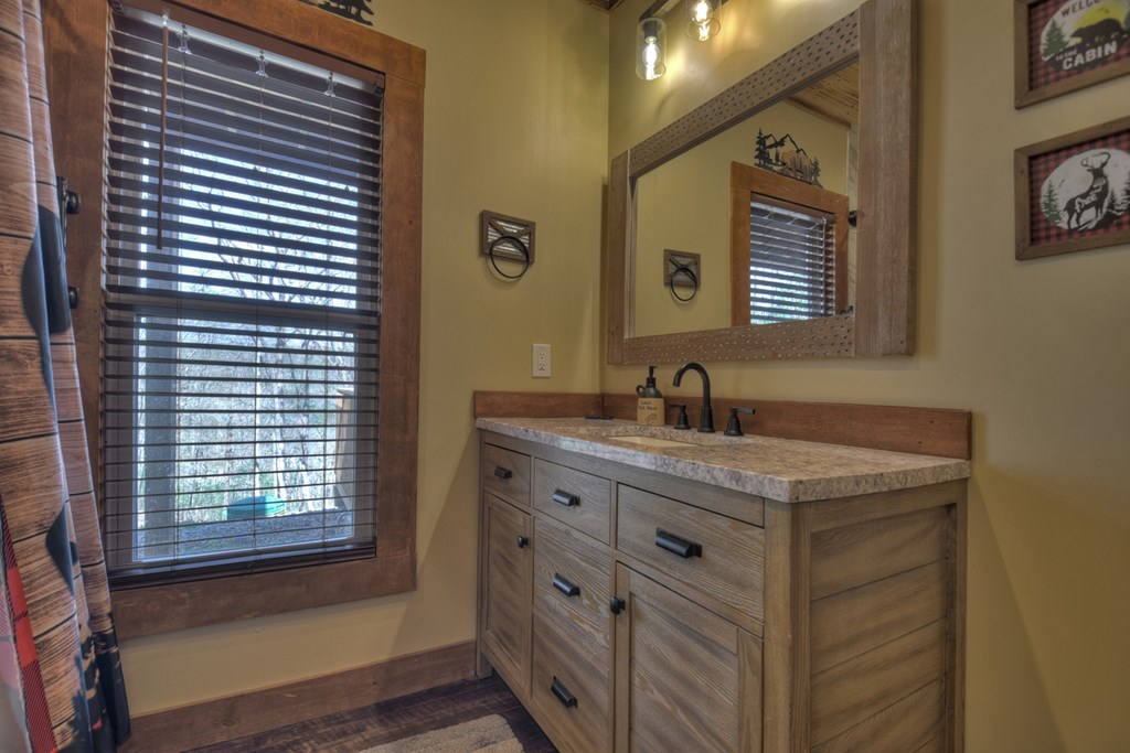 1276 Timber Lake Road Blue Ridge, GA 30513 - Photo 49 of 50 a bathroom with a granite countertop sink and a mirror