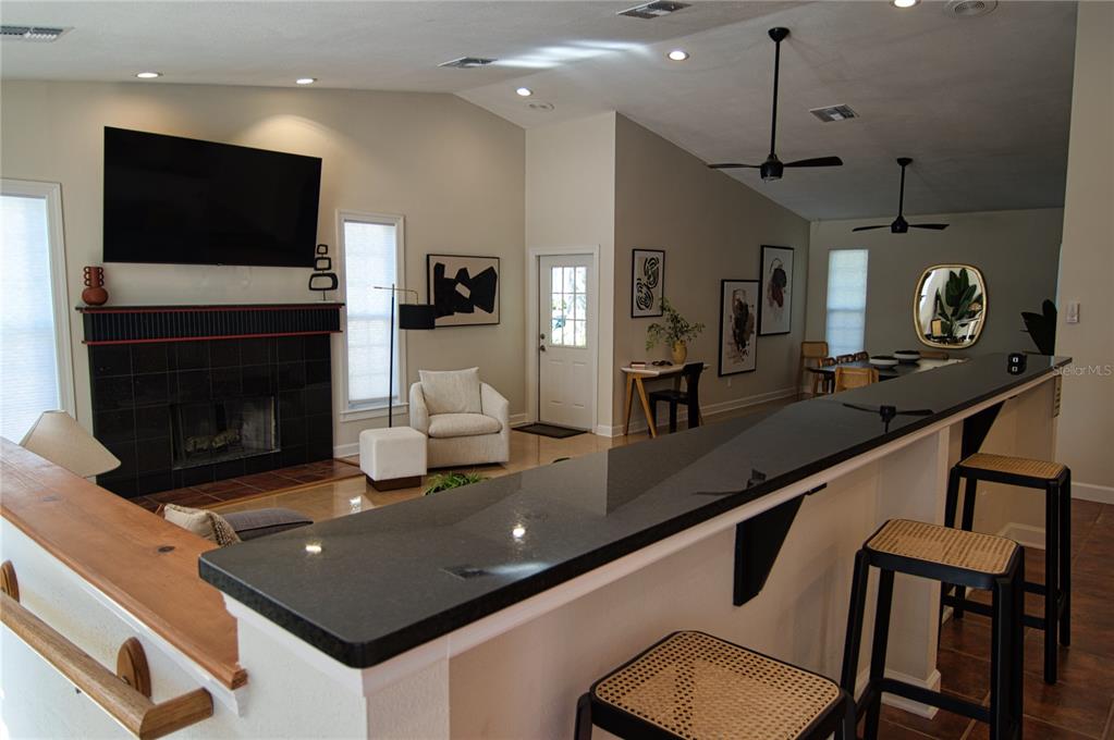 1793 Hampton Lane, Unit 110 Palm Harbor, FL 34683 - Photo 32 of 35 a living room with furniture fireplace and flat screen tv