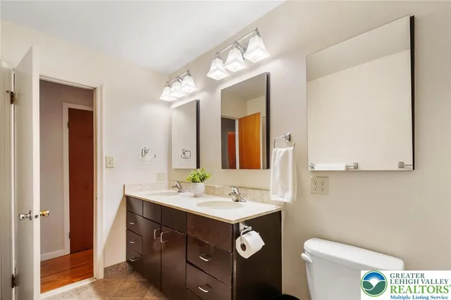 a bathroom with a sink vanity mirror and toilet