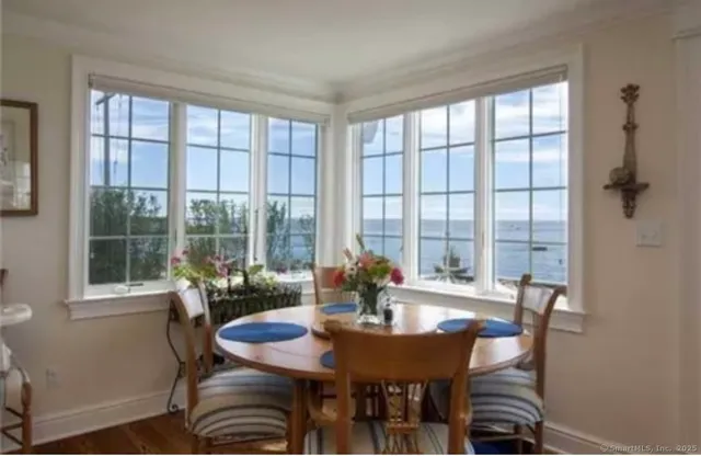 a view of a dining room with furniture window and outside view