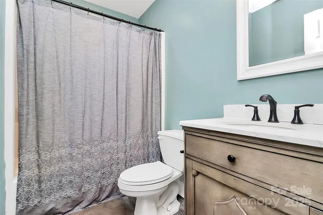 a bathroom with a sink a toilet and shower curtain