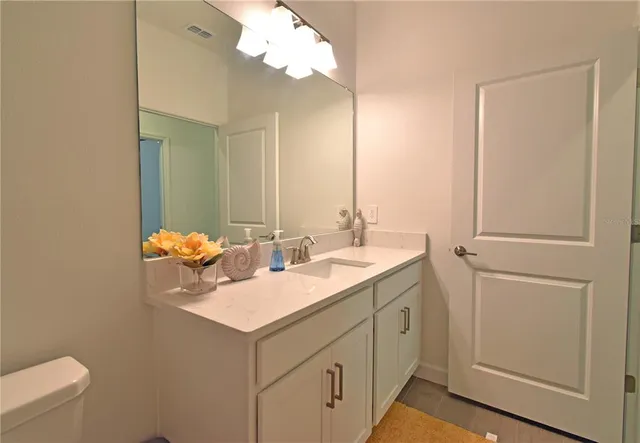 a bathroom with a sink toilet and mirror