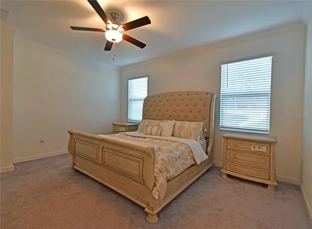 a bedroom with a bed and a ceiling fan