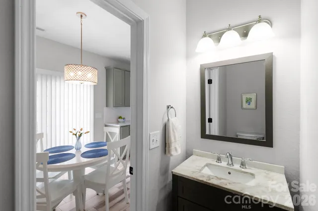 a bathroom with a sink vanity and a mirror