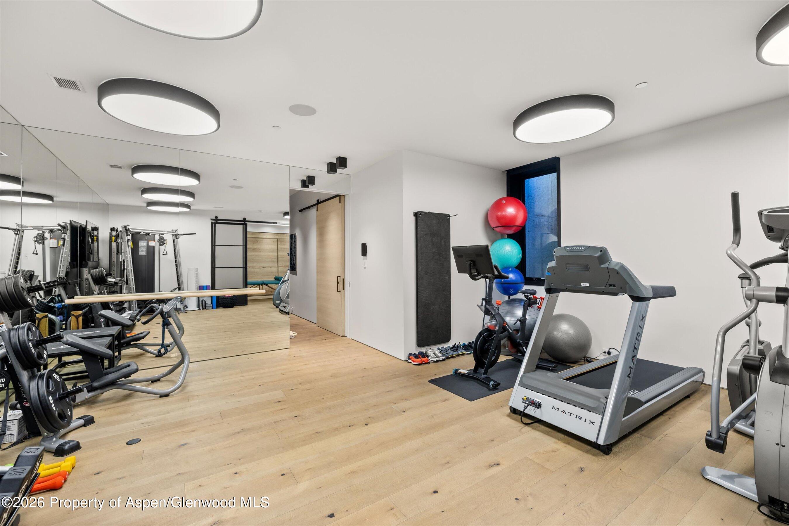 296 Glen Dee Road Aspen, CO 81611 - Photo 45 of 59 a room with gym equipment and view of living room