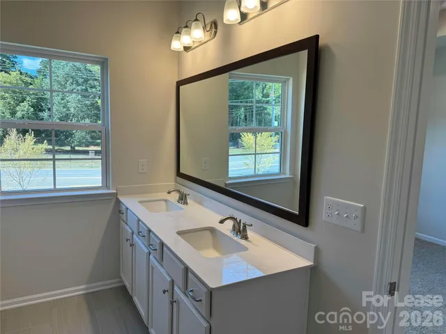 a bathroom with a sink vanity and a mirror