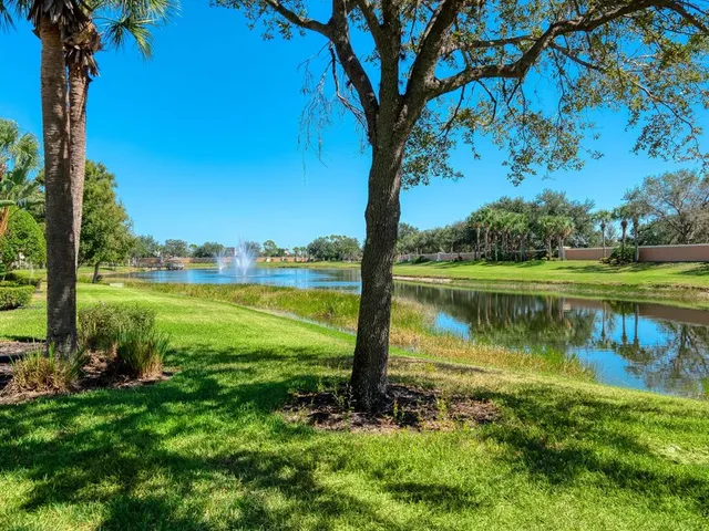 a view of a lake with houses in the background