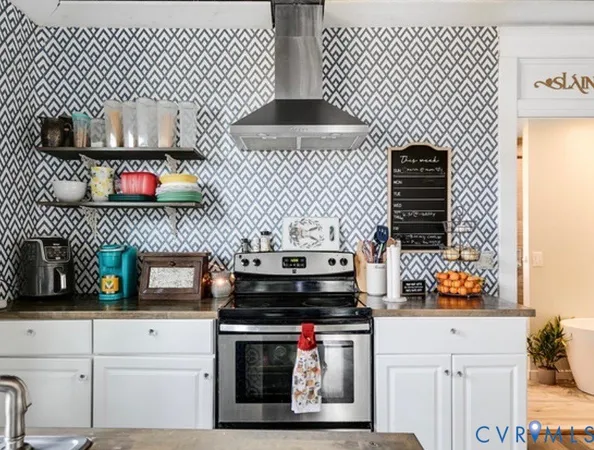 a kitchen with a stove and a microwave