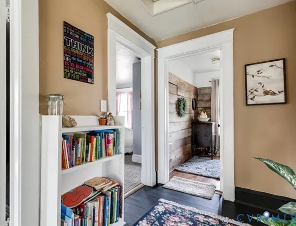 a room with a rug